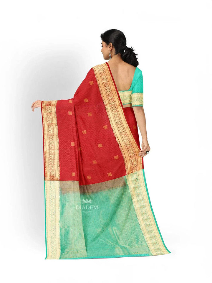 Red Silk Saree with Zari Butta on the Body and Contrast Zari Border - Diadem