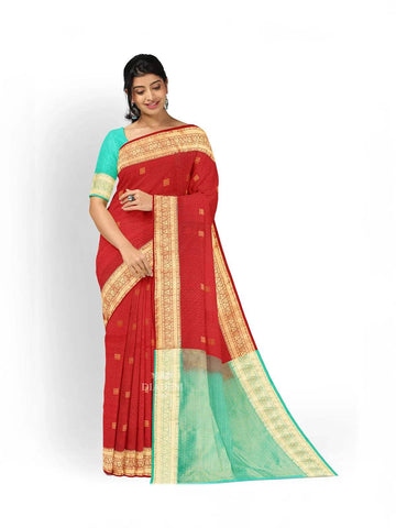 Red Silk Saree with Zari Butta on the Body and Contrast Zari Border - Diadem