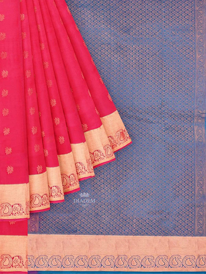 Red Pink Silk Saree with Floral Motif on the body and Zari Border - Diadem