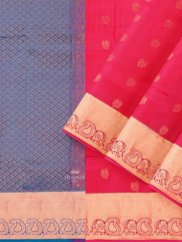 Red Pink Silk Saree with Floral Motif on the body and Zari Border - Diadem