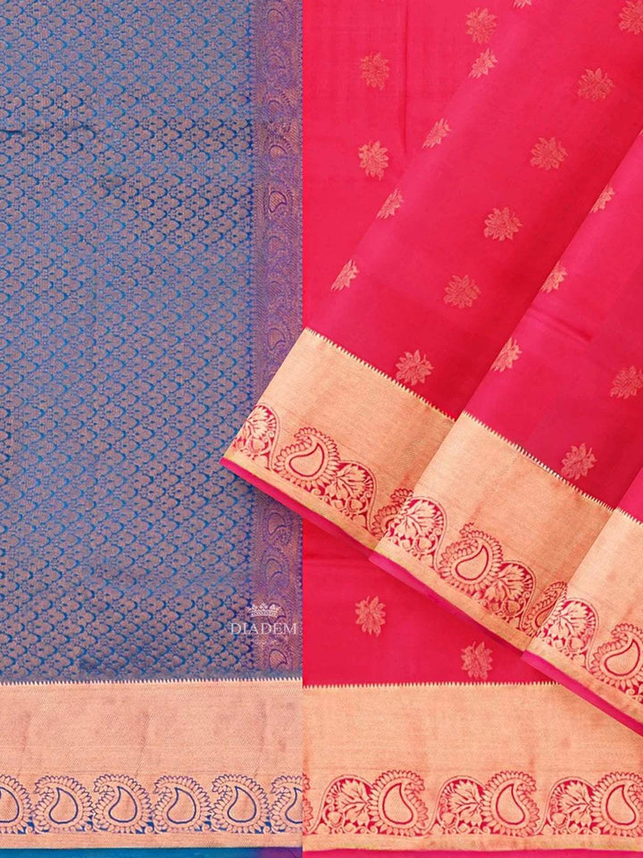 Red Pink Silk Saree with Floral Motif on the body and Zari Border - Diadem