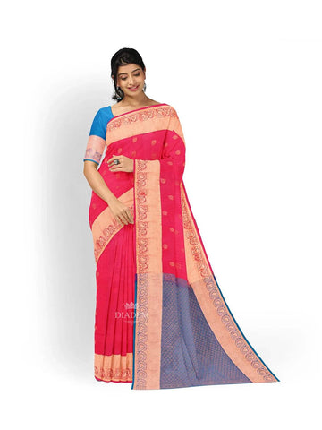 Red Pink Silk Saree with Floral Motif on the body and Zari Border - Diadem