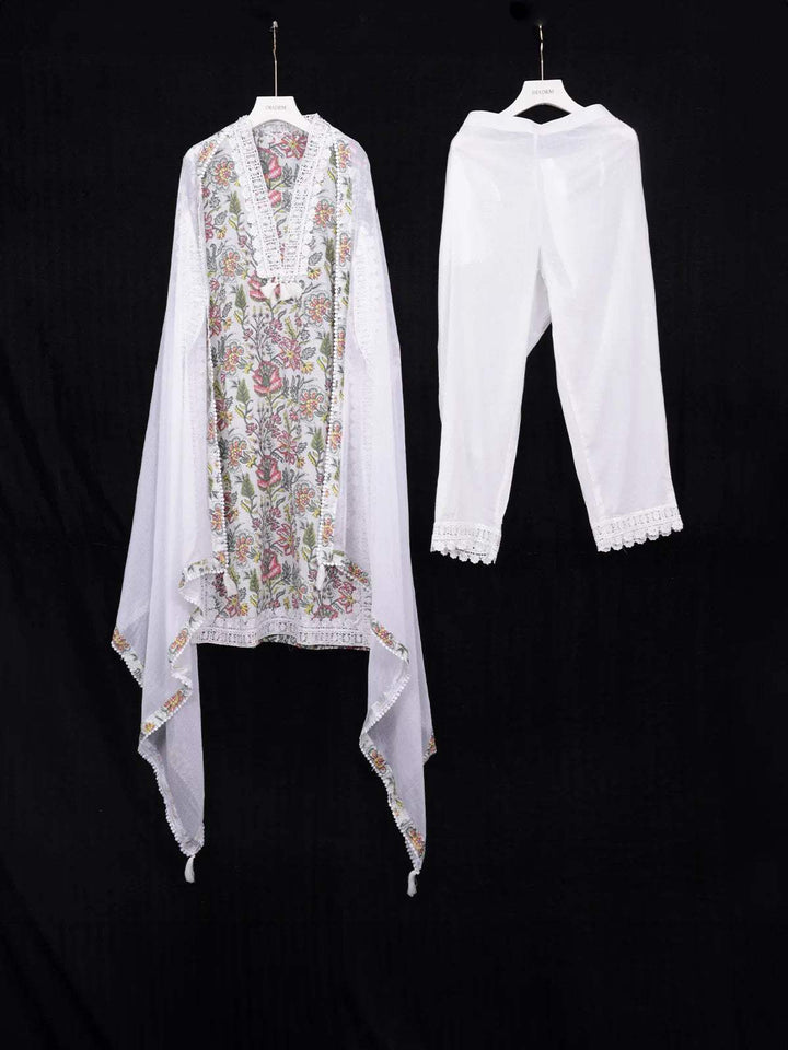 White Cotton Straight Cut Salwar Suit with Floral Prints Paired with Dupatta - Diadem
