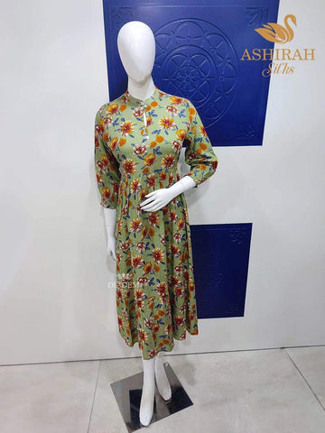 Pista Green Cotton Kurti Adorned with Floral Prints - Diadem