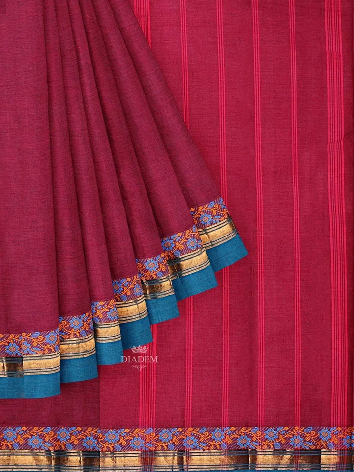 Burgundy Kanchi Cotton Saree with Thread Butta on the Body and Thread with Zari Border - Diadem