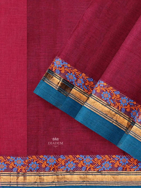 Burgundy Kanchi Cotton Saree with Thread Butta on the Body and Thread with Zari Border - Diadem