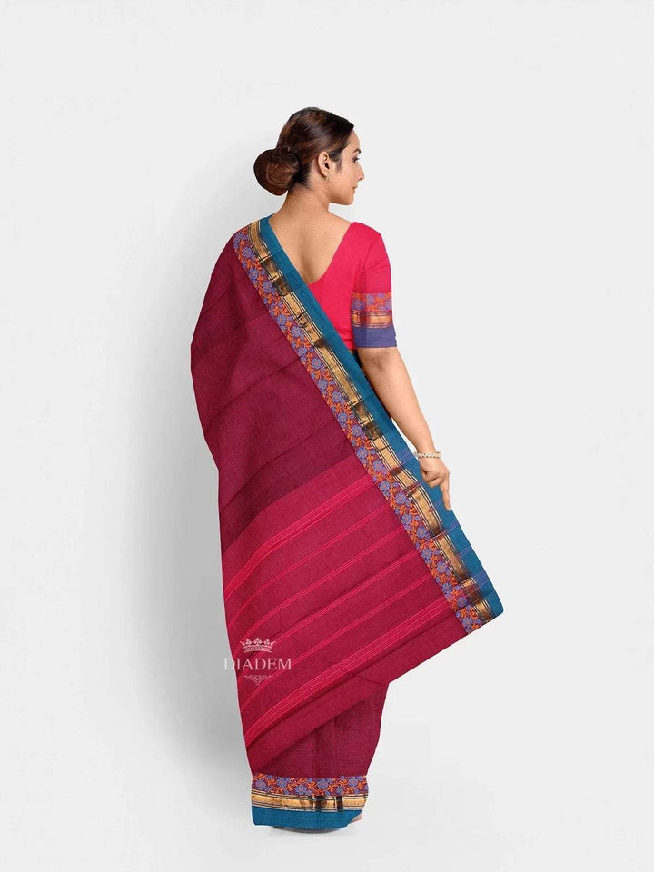 Burgundy Kanchi Cotton Saree with Thread Butta on the Body and Thread with Zari Border - Diadem