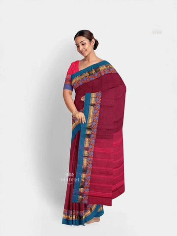 Burgundy Kanchi Cotton Saree with Thread Butta on the Body and Thread with Zari Border - Diadem