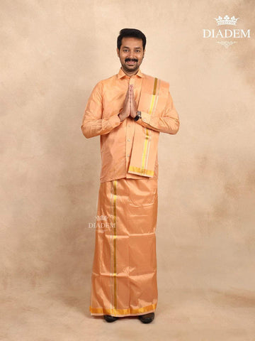 Light Copper Silk Dhoti with Shirt Paired with Towel - Diadem