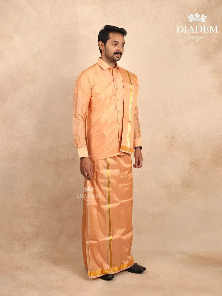 Light Copper Silk Dhoti with Shirt Paired with Towel - Diadem