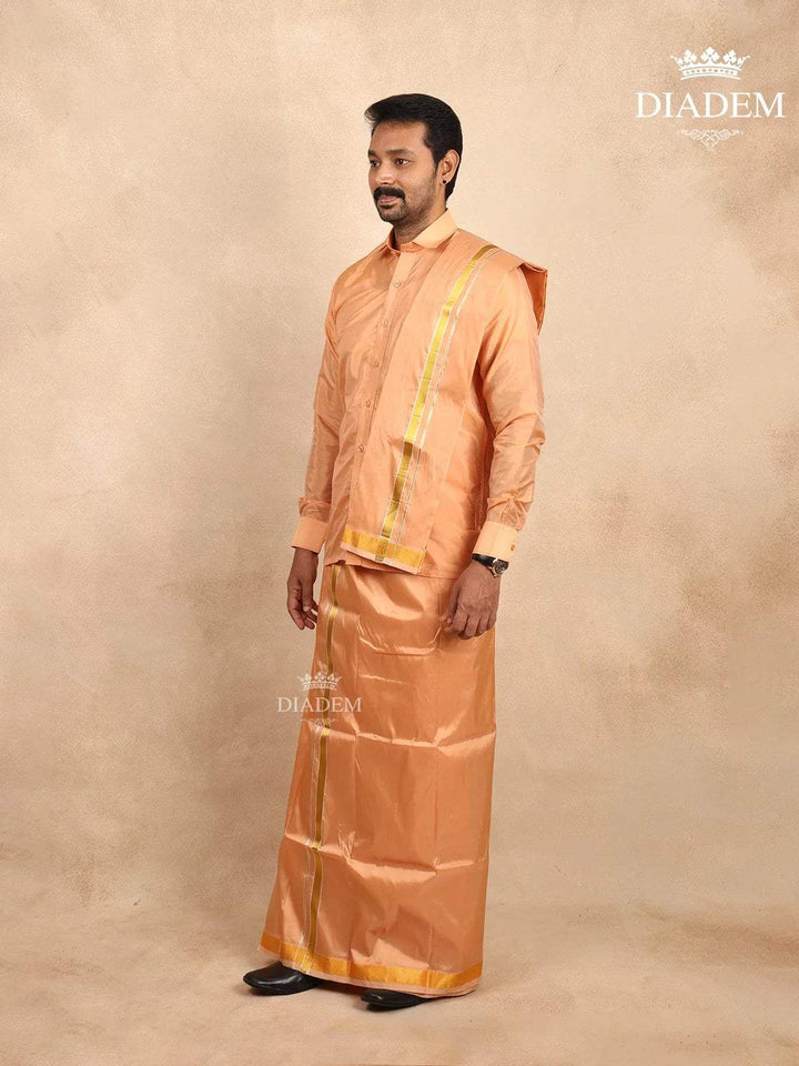 Light Copper Silk Dhoti with Shirt Paired with Towel - Diadem