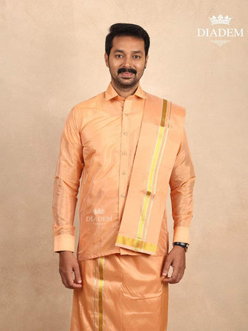 Light Copper Silk Dhoti with Shirt Paired with Towel - Diadem