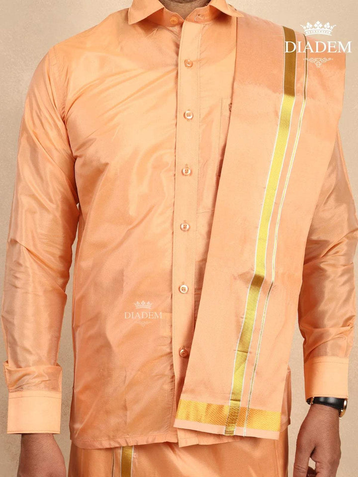 Light Copper Silk Dhoti with Shirt Paired with Towel - Diadem