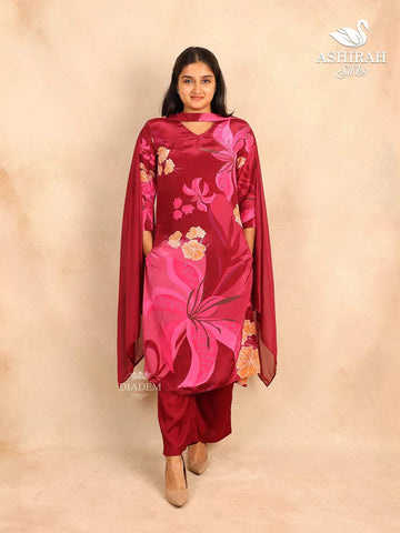 Burgundy Straight Cut Satin Salwar Suit with Floral Prints paired with Dupatta - Diadem