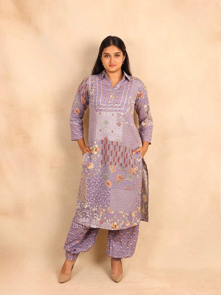 Lavender Straight Cut Salwar Suit for women Adorned with Floral Prints - Diadem