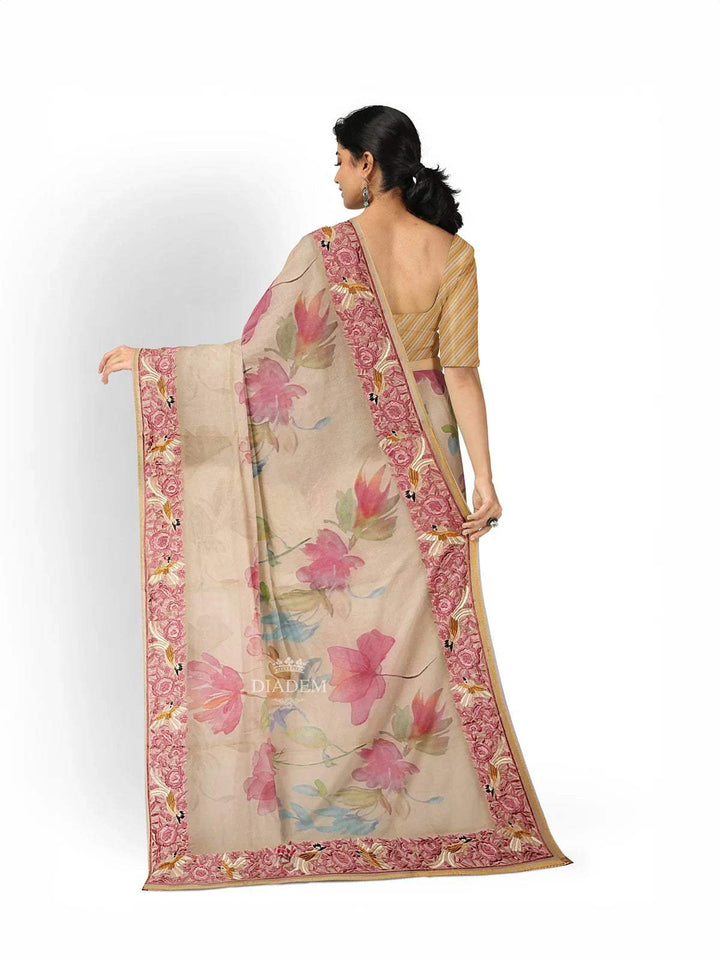 Light Yellow Organza Saree with Floral Prints on the body and Thread work Embroidery Border - Diadem