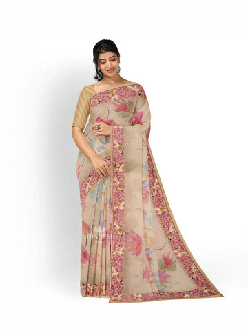 Light Yellow Organza Saree with Floral Prints on the body and Thread work Embroidery Border - Diadem