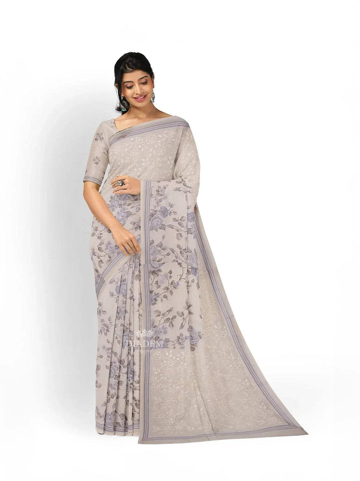 Ivory and Blue Organza Silk Saree with Floral Prints on the body and Embroidery Border - Diadem