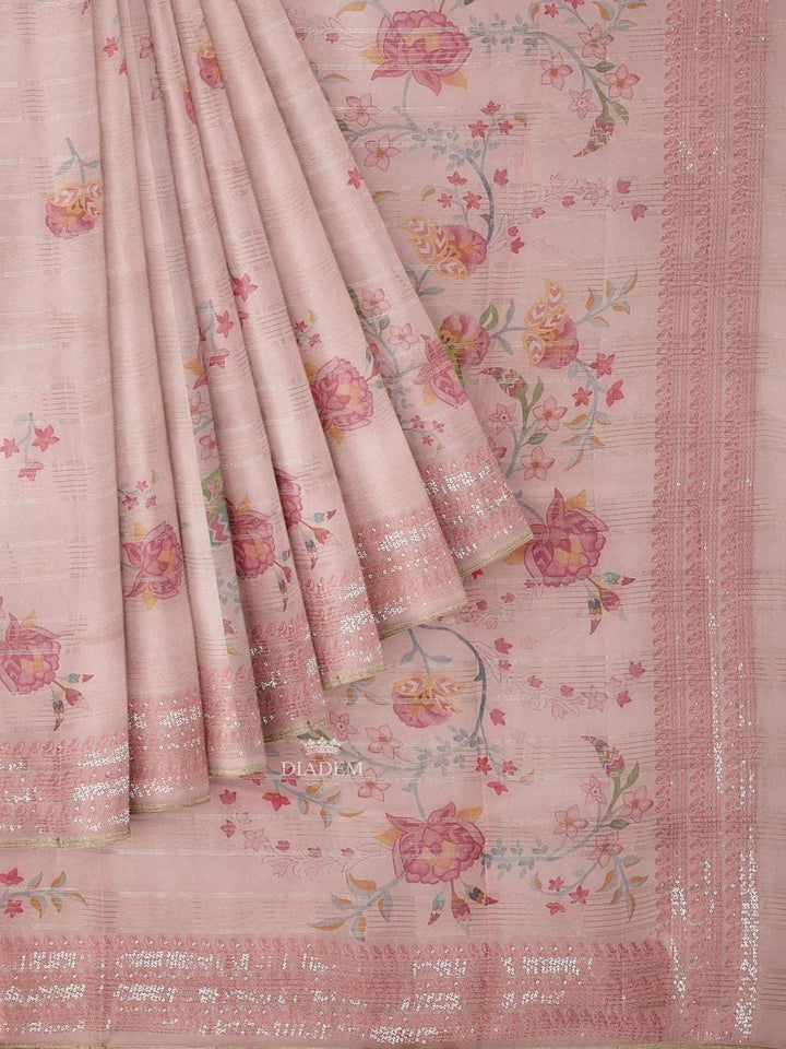 Light Peach Organza Silk Saree with Floral Prints on the body and Embroidery Border - Diadem