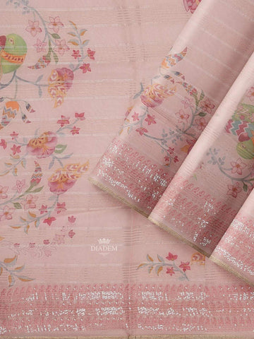 Light Peach Organza Silk Saree with Floral Prints on the body and Embroidery Border - Diadem