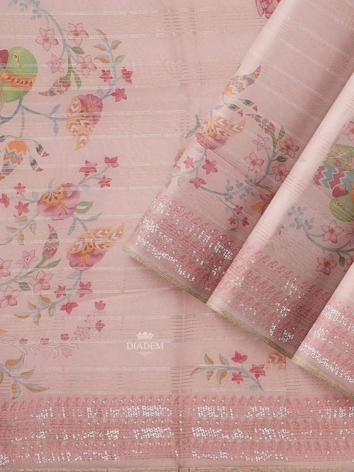 Light Peach Organza Silk Saree with Floral Prints on the body and Embroidery Border - Diadem