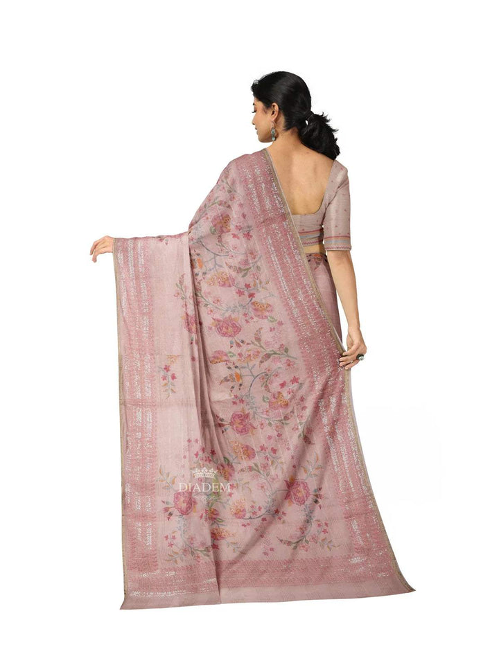 Light Peach Organza Silk Saree with Floral Prints on the body and Embroidery Border - Diadem