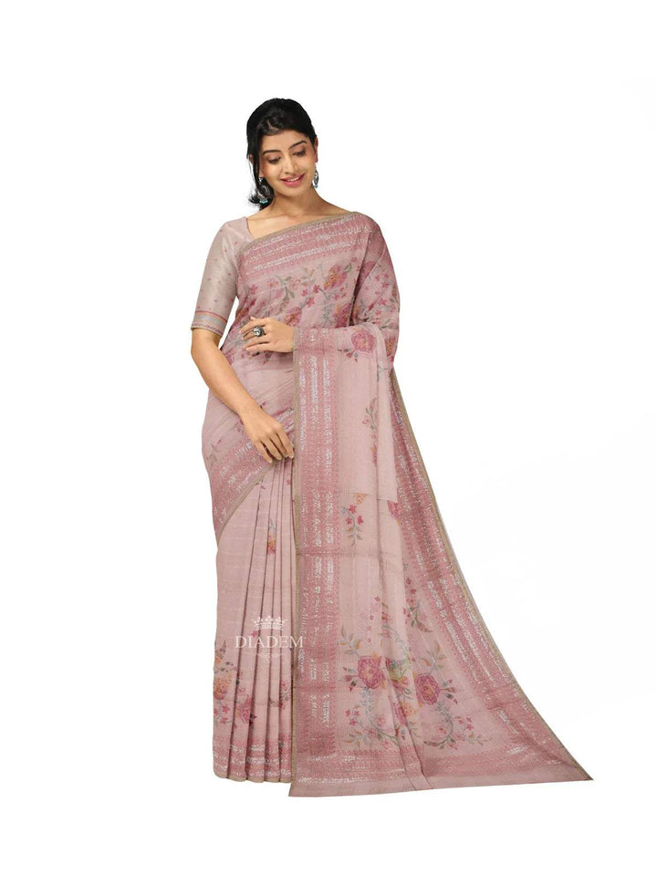 Light Peach Organza Silk Saree with Floral Prints on the body and Embroidery Border - Diadem