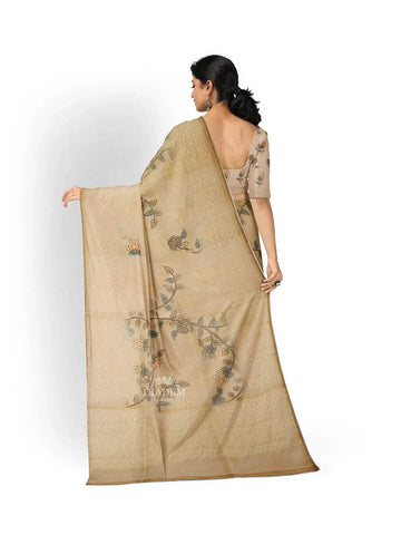 Mustard Yellow Organza Silk Saree with Floral Prints on the body and Embroidery Border - Diadem