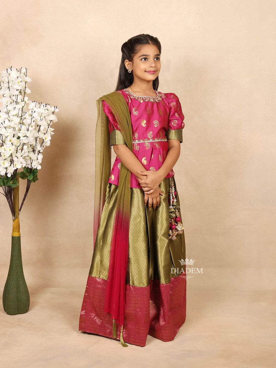 Pink with Green Silk Pavada Sattai Set with Floral Design and Dupatta Diadem