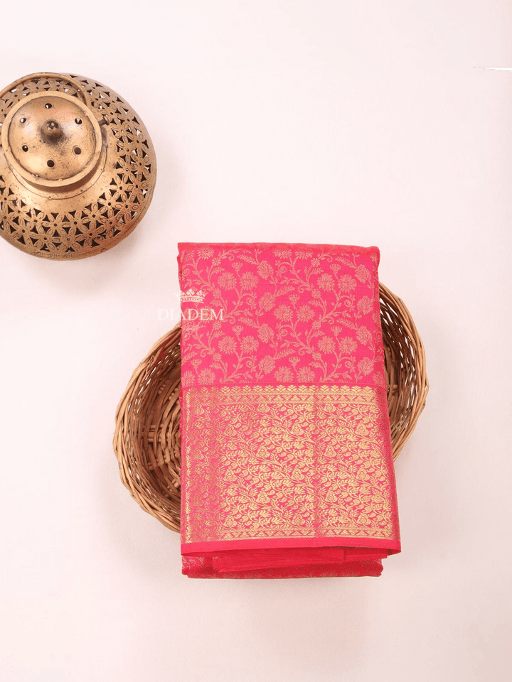 Dark Pink Pure Kanchipuram Bridal Silk Saree with Floral Motif on the body and Zari Border - Diadem