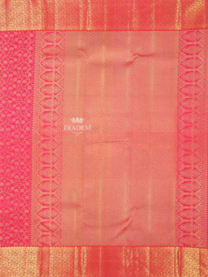 Dark Pink Pure Kanchipuram Bridal Silk Saree with Floral Motif on the body and Zari Border - Diadem