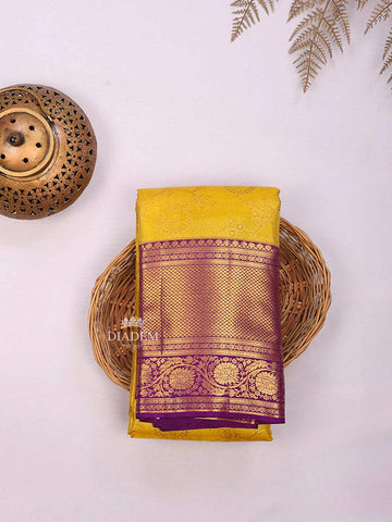 Yellow Pure Kanchipuram Bridal Silk Saree with Floral Motif on the body and Contrast Zari Border - Diadem