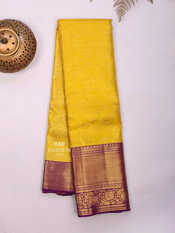 Yellow Pure Kanchipuram Bridal Silk Saree with Floral Motif on the body and Contrast Zari Border - Diadem