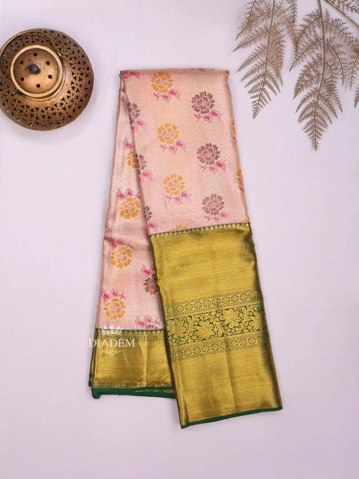 Light Pink Pure Kanchipuram Bridal Silk Saree with Floral Motif on the body and Contrast Zari Border - Diadem