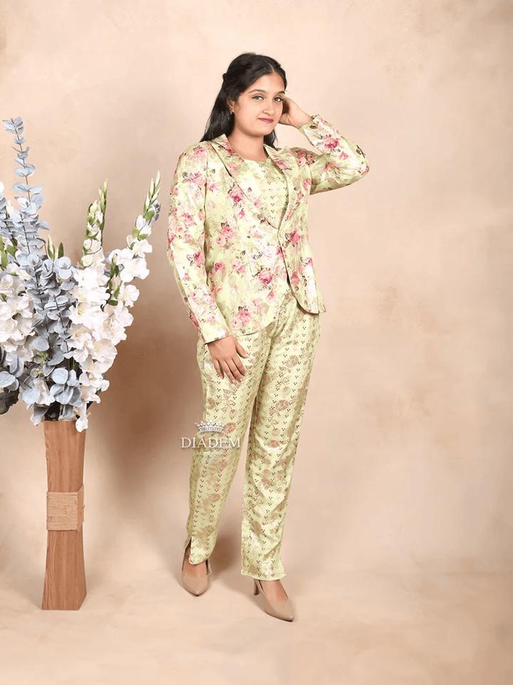 Pista Green Pant Salwar Suit Adorned with Floral Prints paired with Matching Overcoat - Diadem