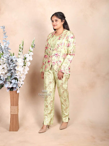 Pista Green Pant Salwar Suit Adorned with Floral Prints paired with Matching Overcoat - Diadem