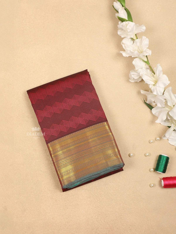 Red Pure Kanchipuram Bridal Silk Saree with Geometric Design on the Body with Zari Border - Diadem