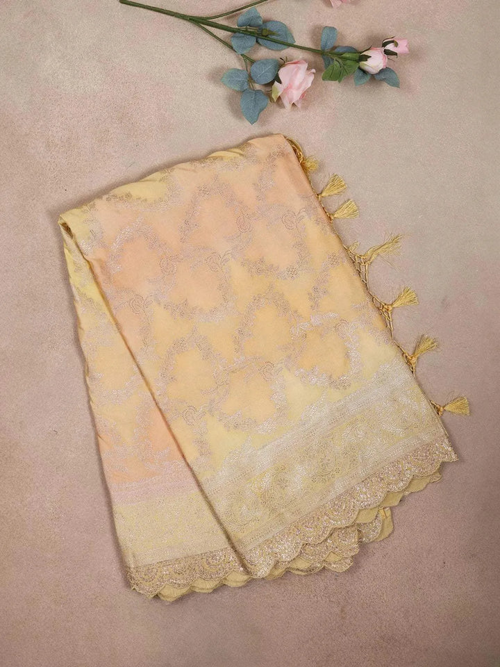 Light Yellow Organza Saree with Floral Designs on the body and Zari Border - Diadem