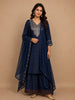 Navy Blue Floral Designed Semi Silk Salwar Suit