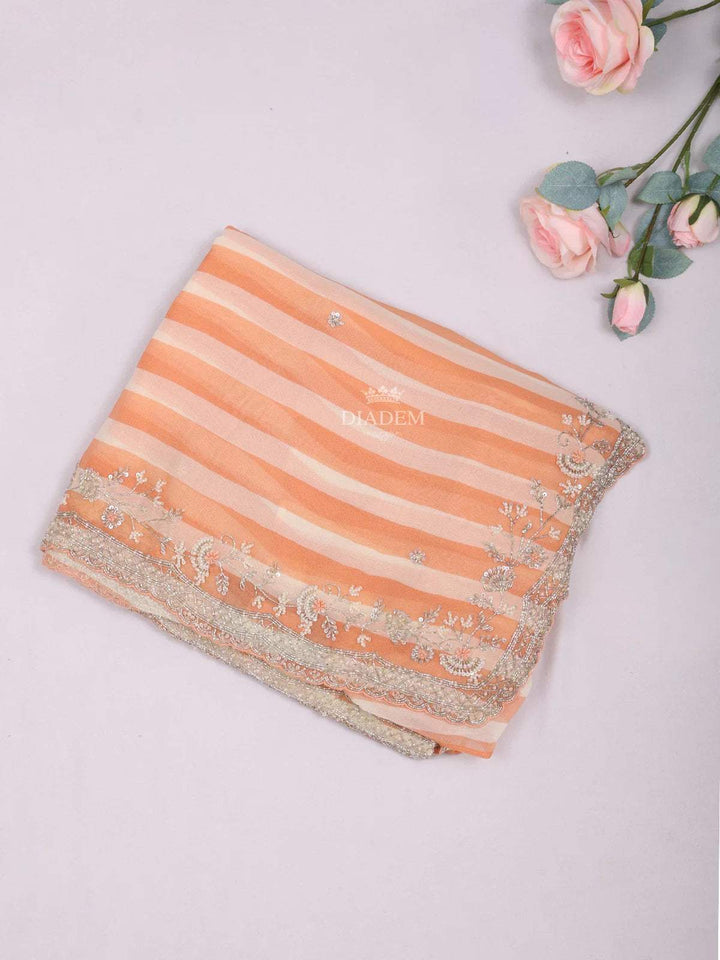 Orange Organza Saree with Stripes Designs on the body and Embroidery Border - Diadem