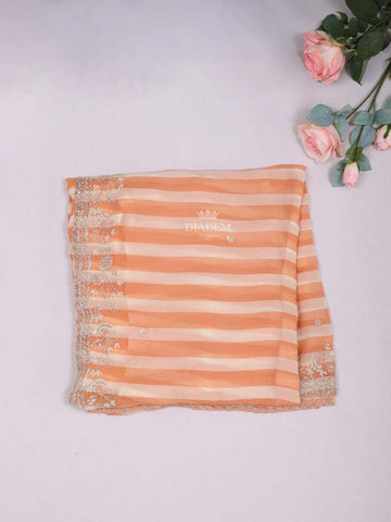Orange Organza Saree with Stripes Designs on the body and Embroidery Border - Diadem