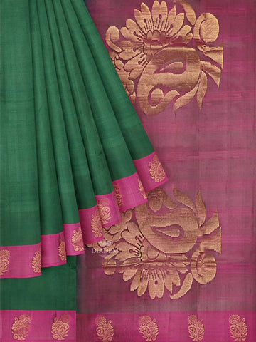 Dark Green Silk Saree with Plain body and Contrast Zari Border - Diadem