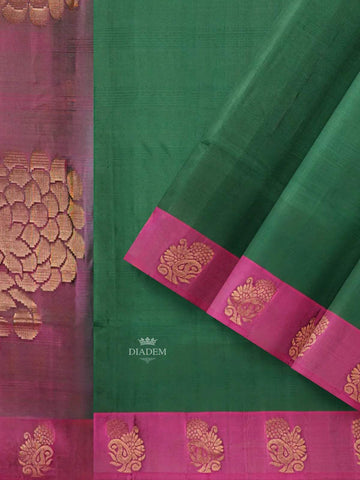 Dark Green Silk Saree with Plain body and Contrast Zari Border - Diadem