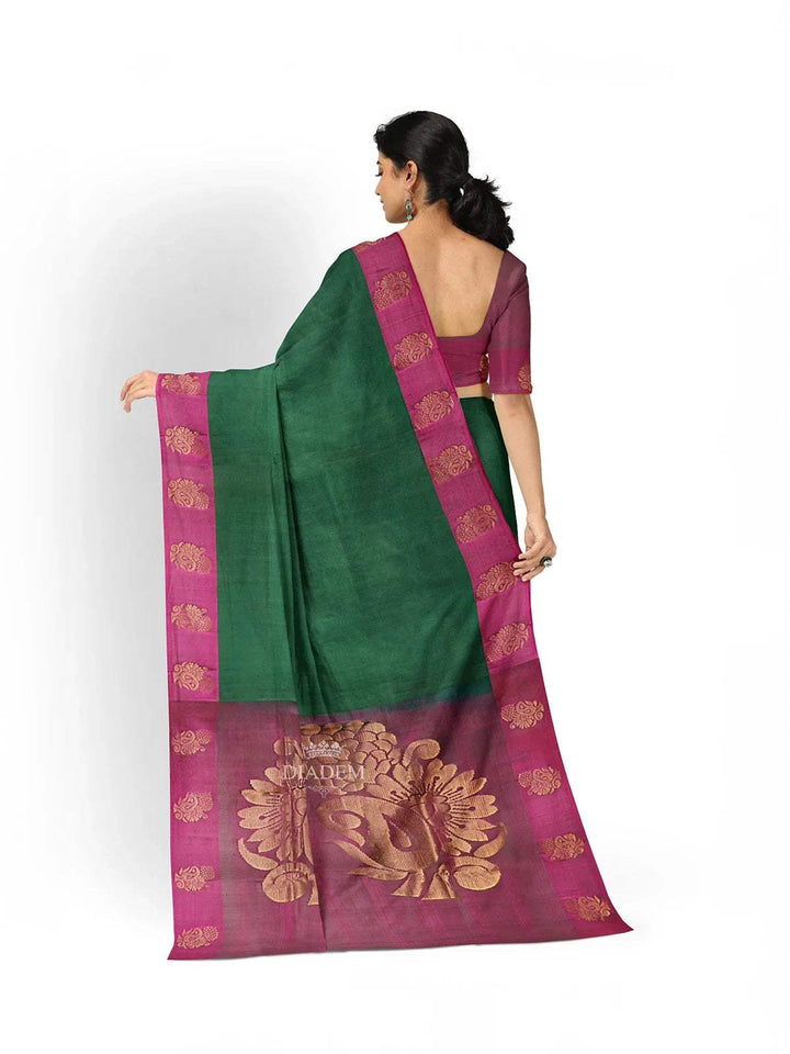 Dark Green Silk Saree with Plain body and Contrast Zari Border - Diadem