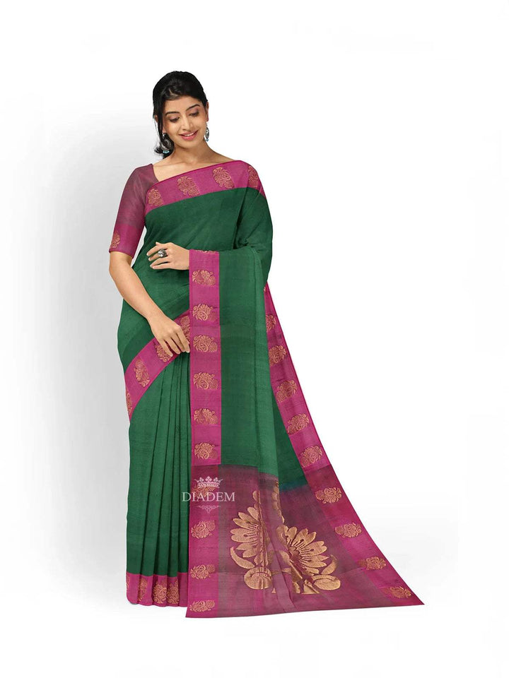 Dark Green Silk Saree with Plain body and Contrast Zari Border - Diadem