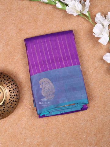 Purple Pure Kanchipuram Bridal Silk Saree with Stripes Design on the Body with Zari Border - Diadem