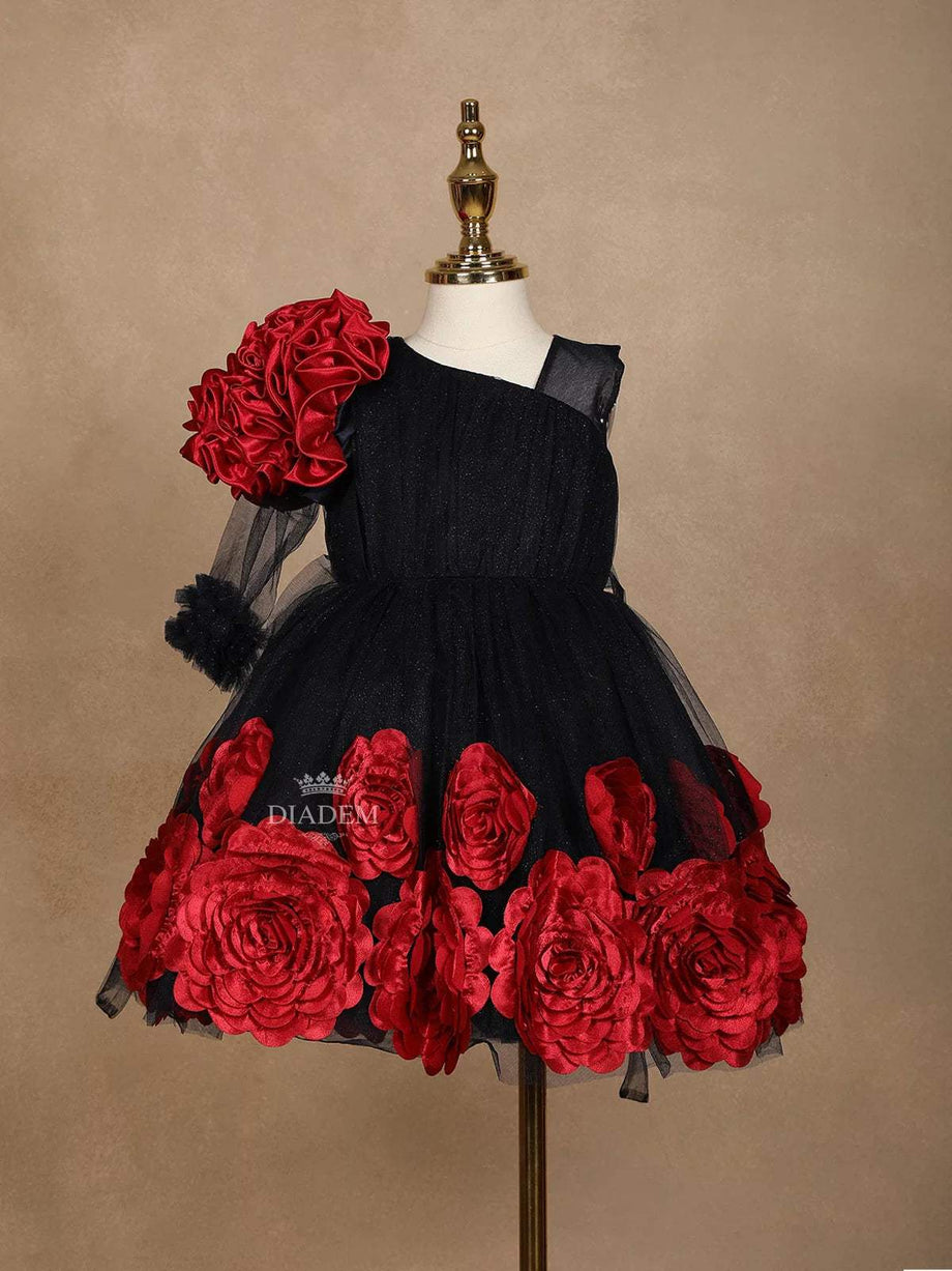 Affordable Navy Blue Net Gown with 3D Flowers and One Side Ruffle Sleeves Birthday Wear Under 3000