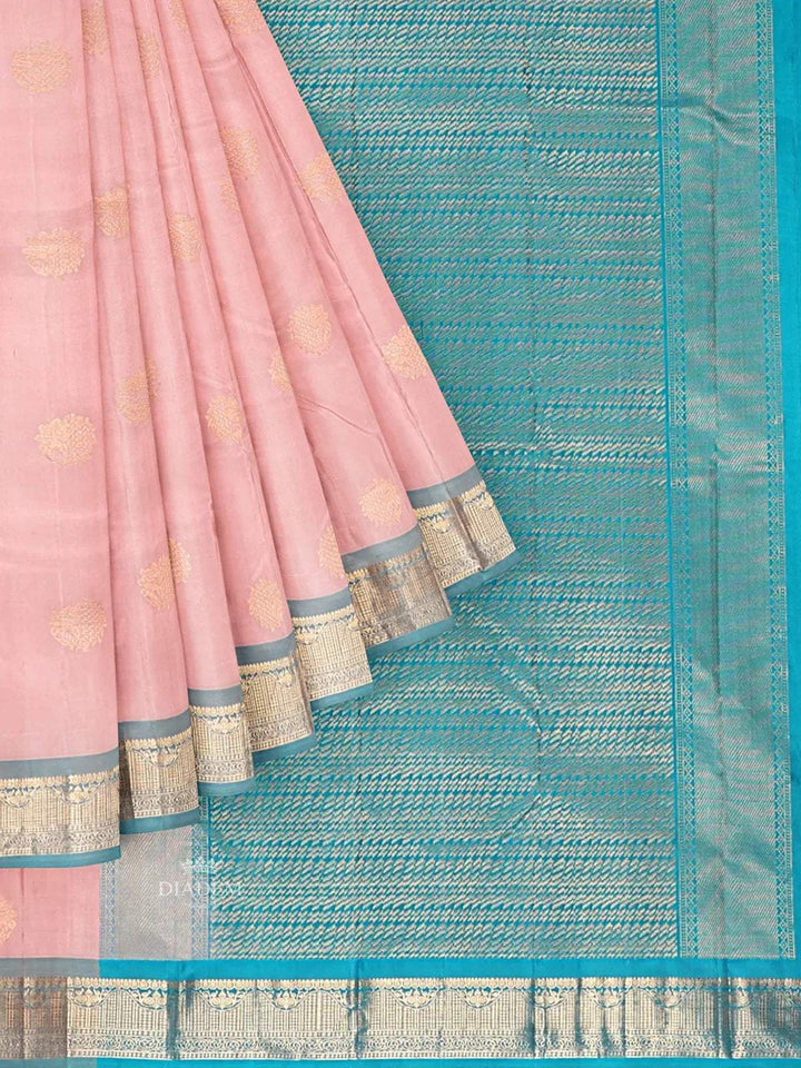 Light Pink Pure Kanchipuram Pattu Saree with Zari Butta on the Body and Zari Border - Diadem