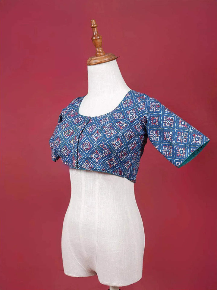 Dark Blue Cotton Readymade Blouse with Round Neck and Elbow Sleeve Design - Diadem