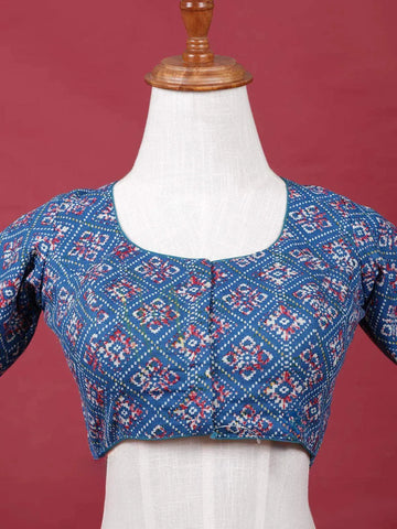Dark Blue Cotton Readymade Blouse with Round Neck and Elbow Sleeve Design - Diadem